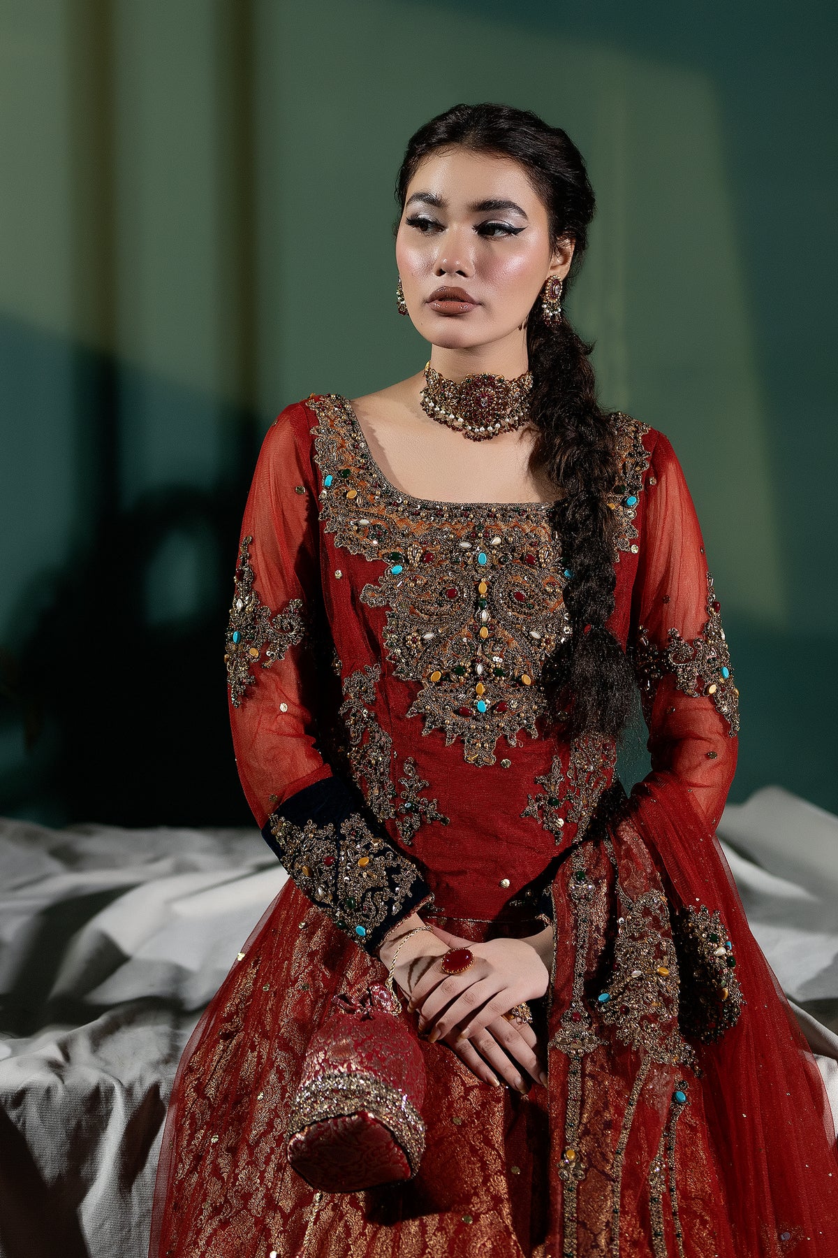 Pakistani Deep Red Embellished Net Lehenga Set (3-Piece) - Image 1