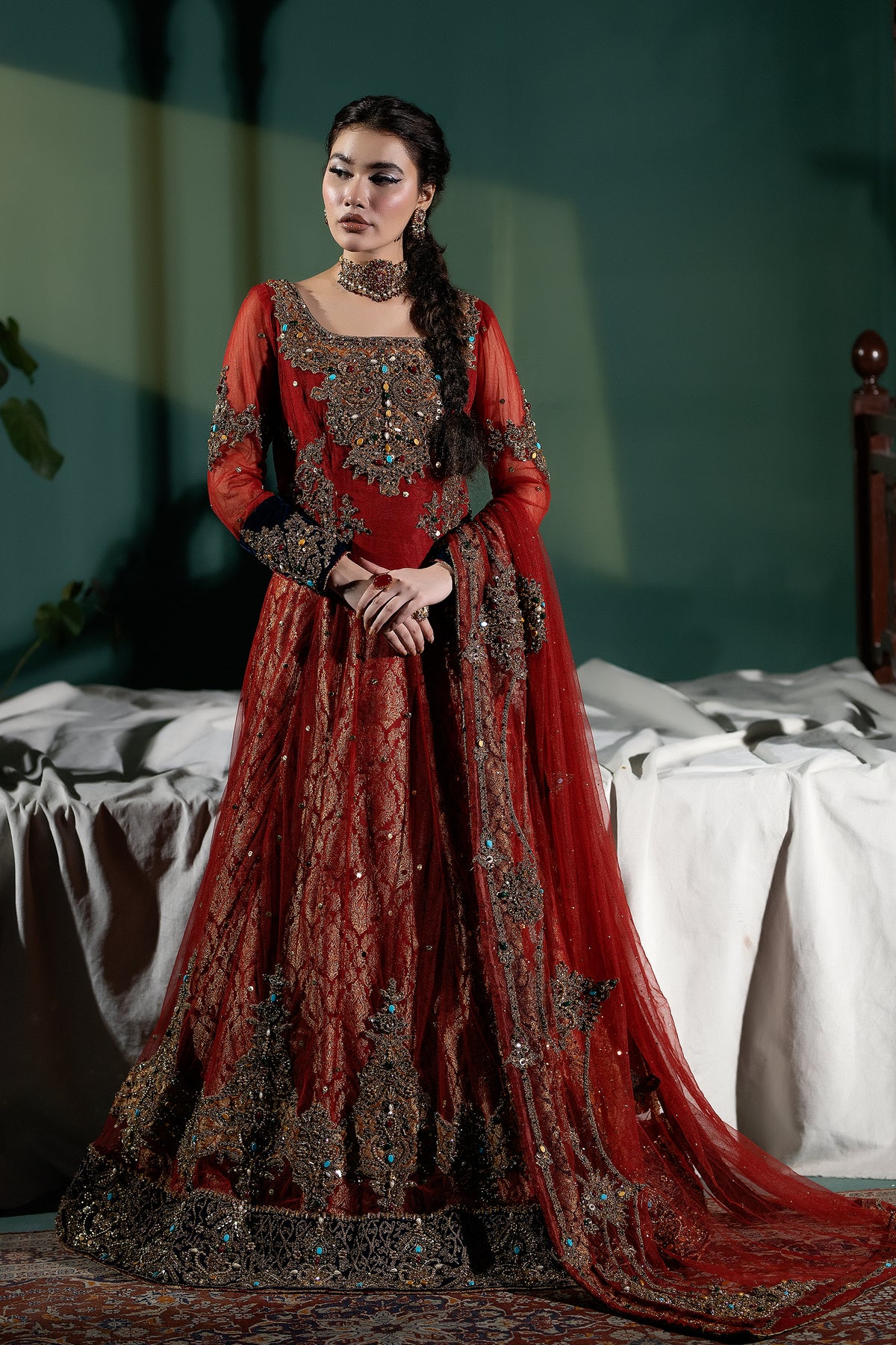 Pakistani Deep Red Embellished Net Lehenga Set (3-Piece) - Image 2