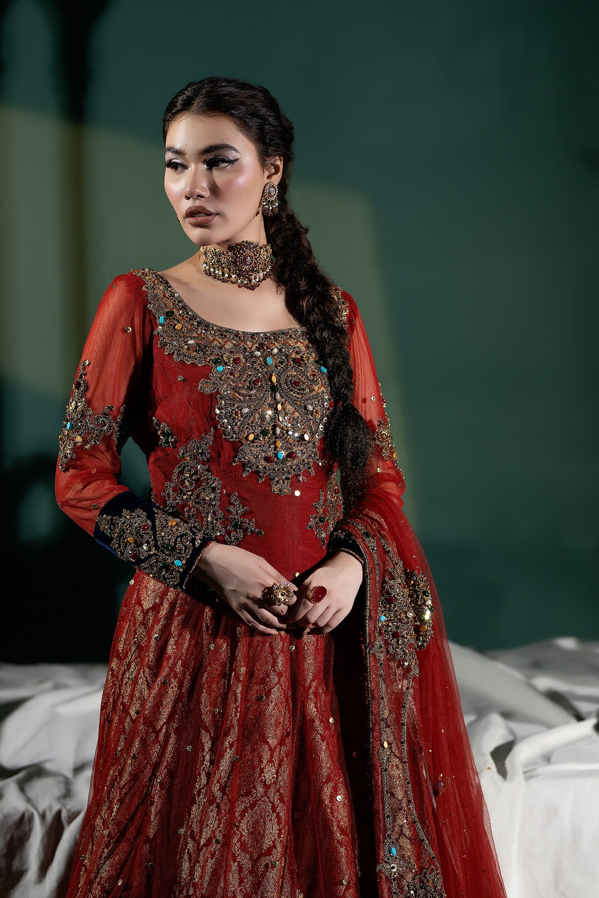 Pakistani Deep Red Embellished Net Lehenga Set (3-Piece) - Image 3