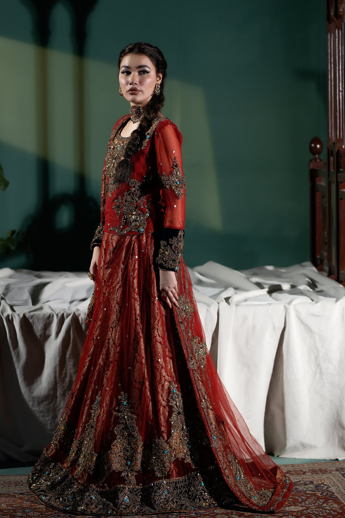 Pakistani Deep Red Embellished Net Lehenga Set (3-Piece) - Image 4