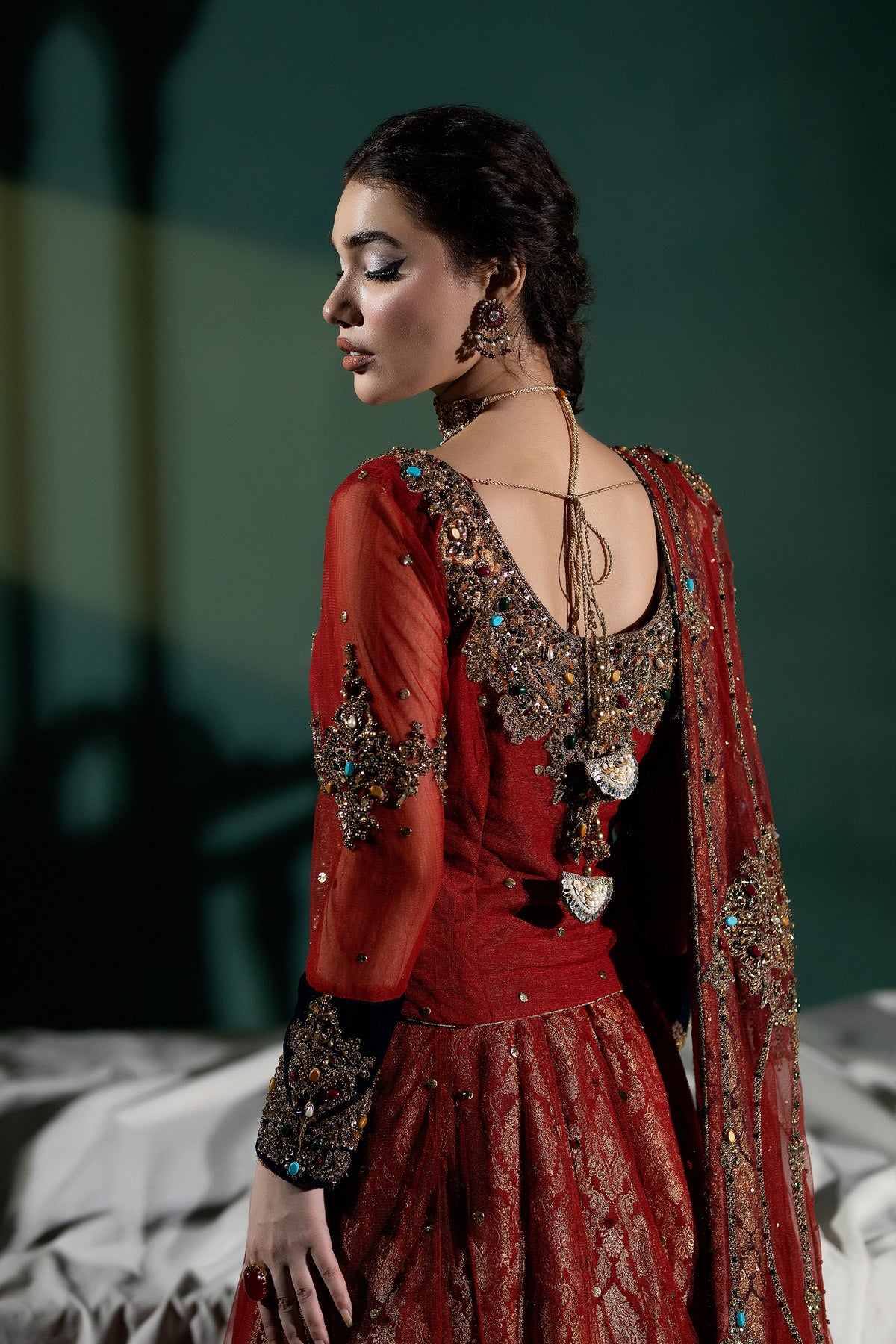 Pakistani Deep Red Embellished Net Lehenga Set (3-Piece) - Image 5