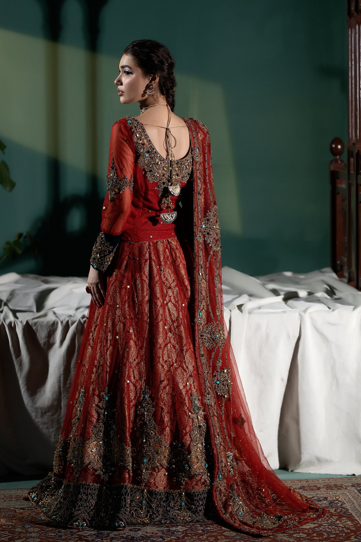 Pakistani Deep Red Embellished Net Lehenga Set (3-Piece) - Image 6
