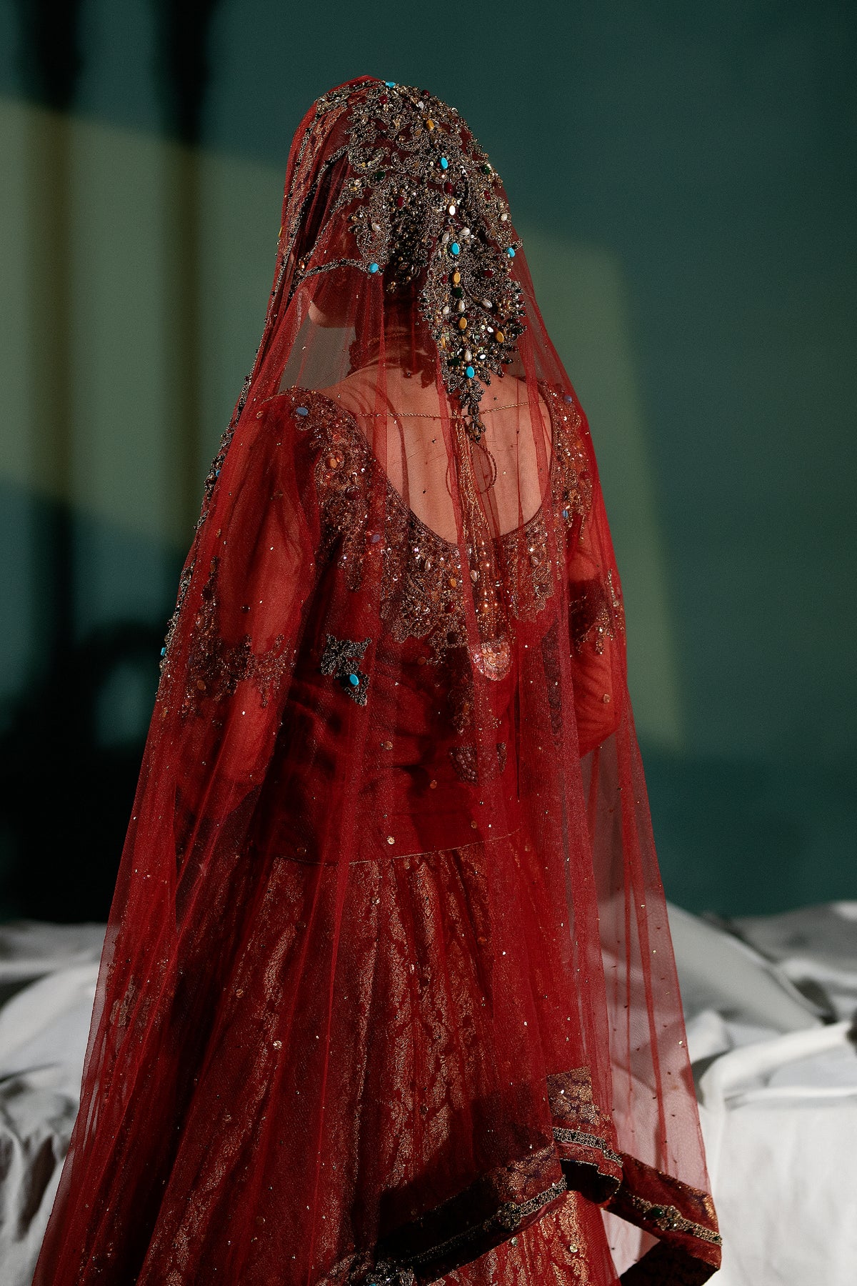 Pakistani Deep Red Embellished Net Lehenga Set (3-Piece) - Image 7