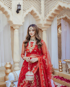 Pakistani Red Hand-Embellished Net Lehenga Choli (3-Piece) - Image 3