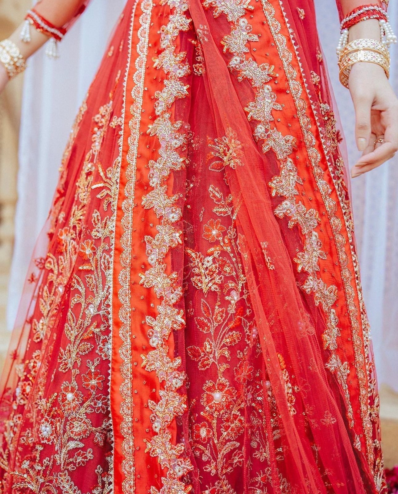 Pakistani Red Hand-Embellished Net Lehenga Choli (3-Piece) - Image 8