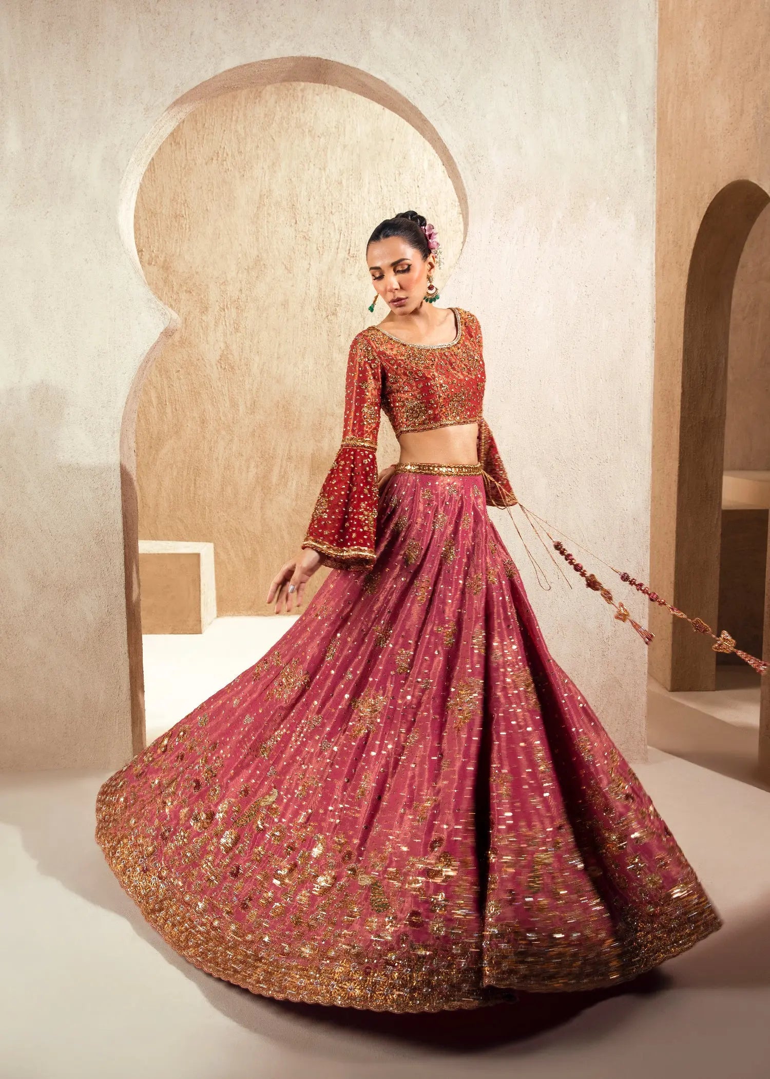 Red and Pink Embroidered Net Bridal Lehenga (3-Piece) - Image 2