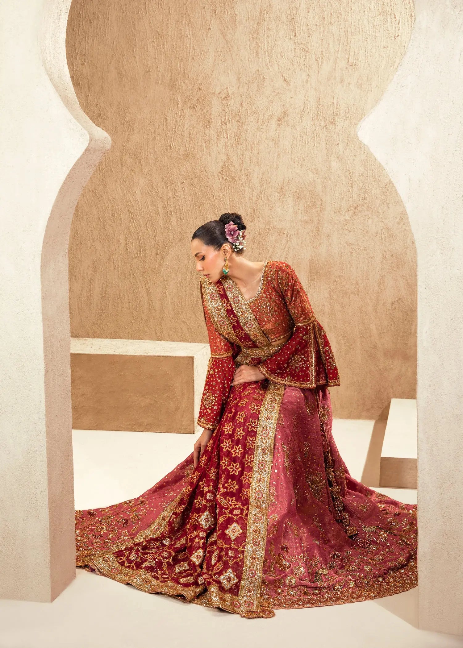 Red and Pink Embroidered Net Bridal Lehenga (3-Piece) - Image 4