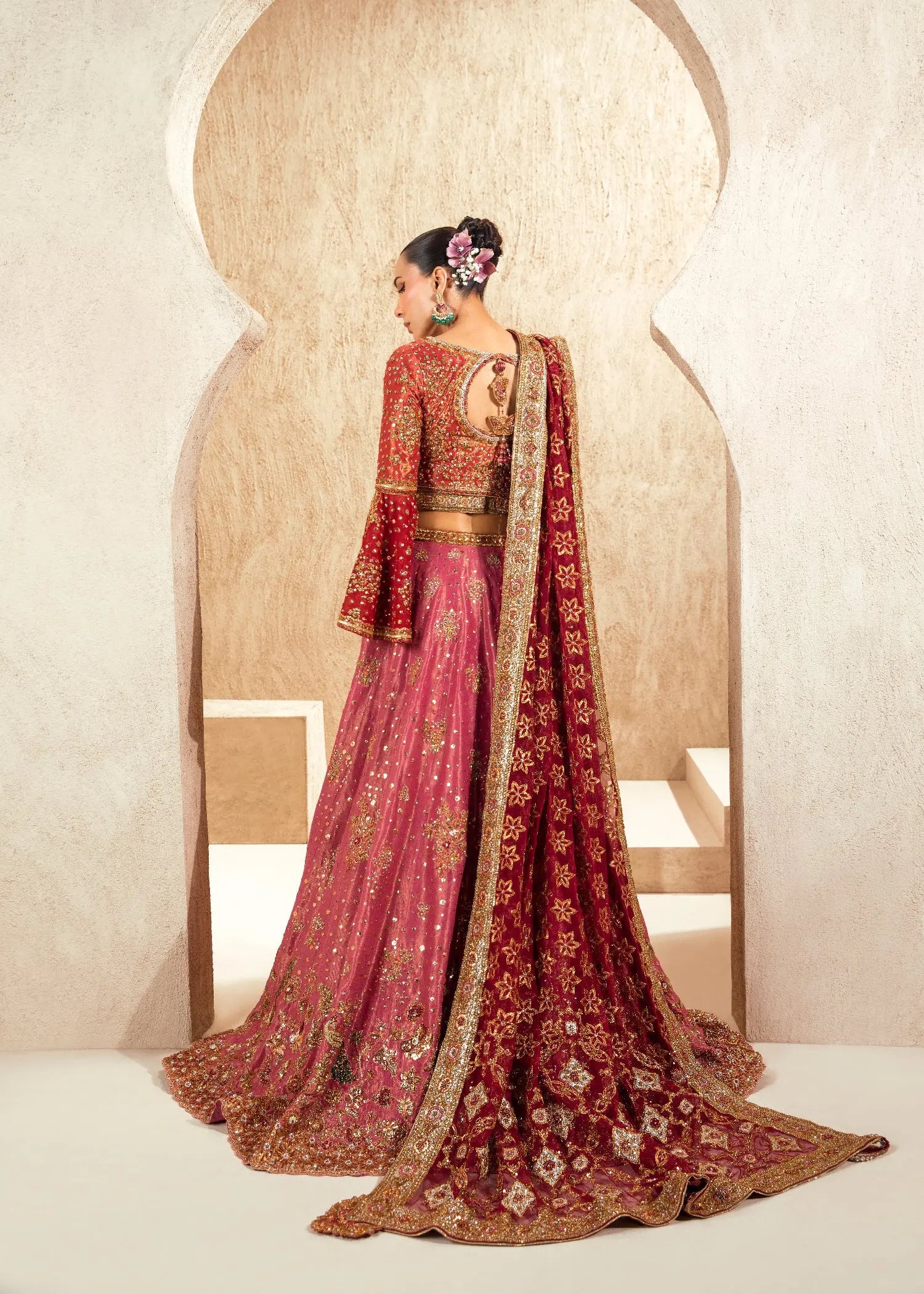 Red and Pink Embroidered Net Bridal Lehenga (3-Piece) - Image 6