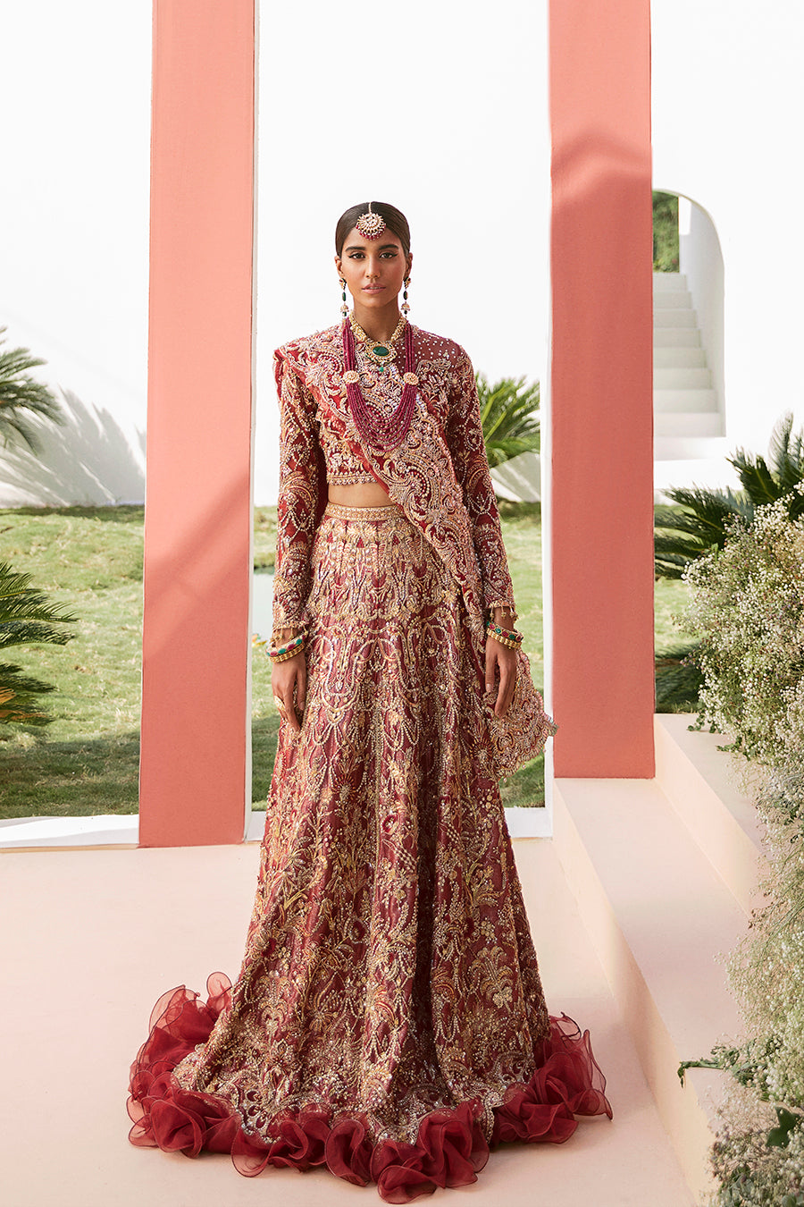 Pakistani Deep Red Embroidered Net Bridal Lehenga Choli (3-Piece) - Image 1