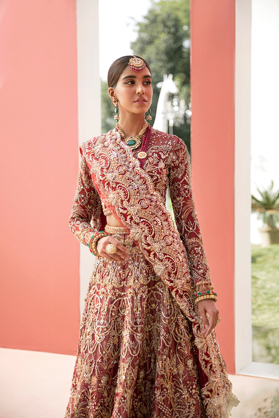 Pakistani Deep Red Embroidered Net Bridal Lehenga Choli (3-Piece) - Image 2