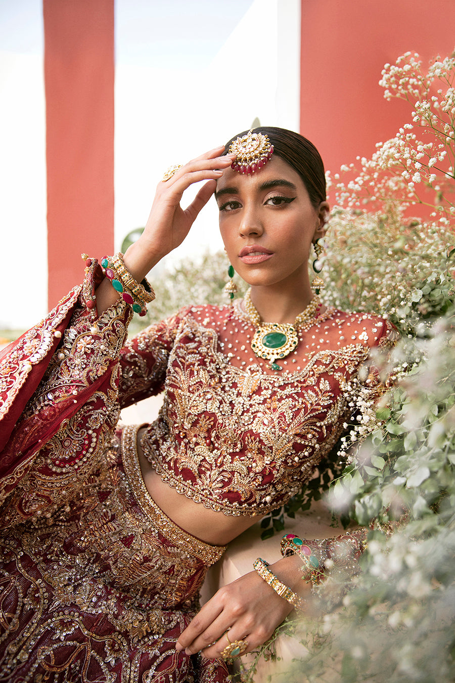 Pakistani Deep Red Embroidered Net Bridal Lehenga Choli (3-Piece) - Image 3