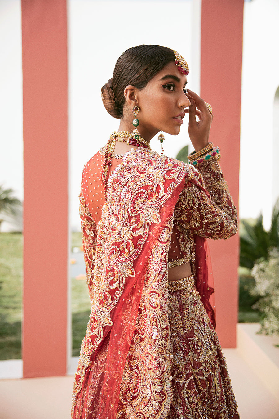 Pakistani Deep Red Embroidered Net Bridal Lehenga Choli (3-Piece) - Image 4