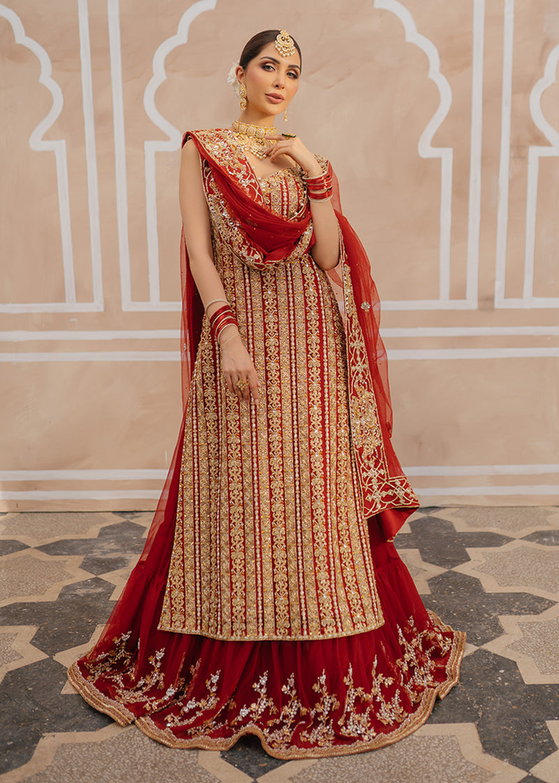 Red Embroidered Net Bridal Lehenga (3-Piece)