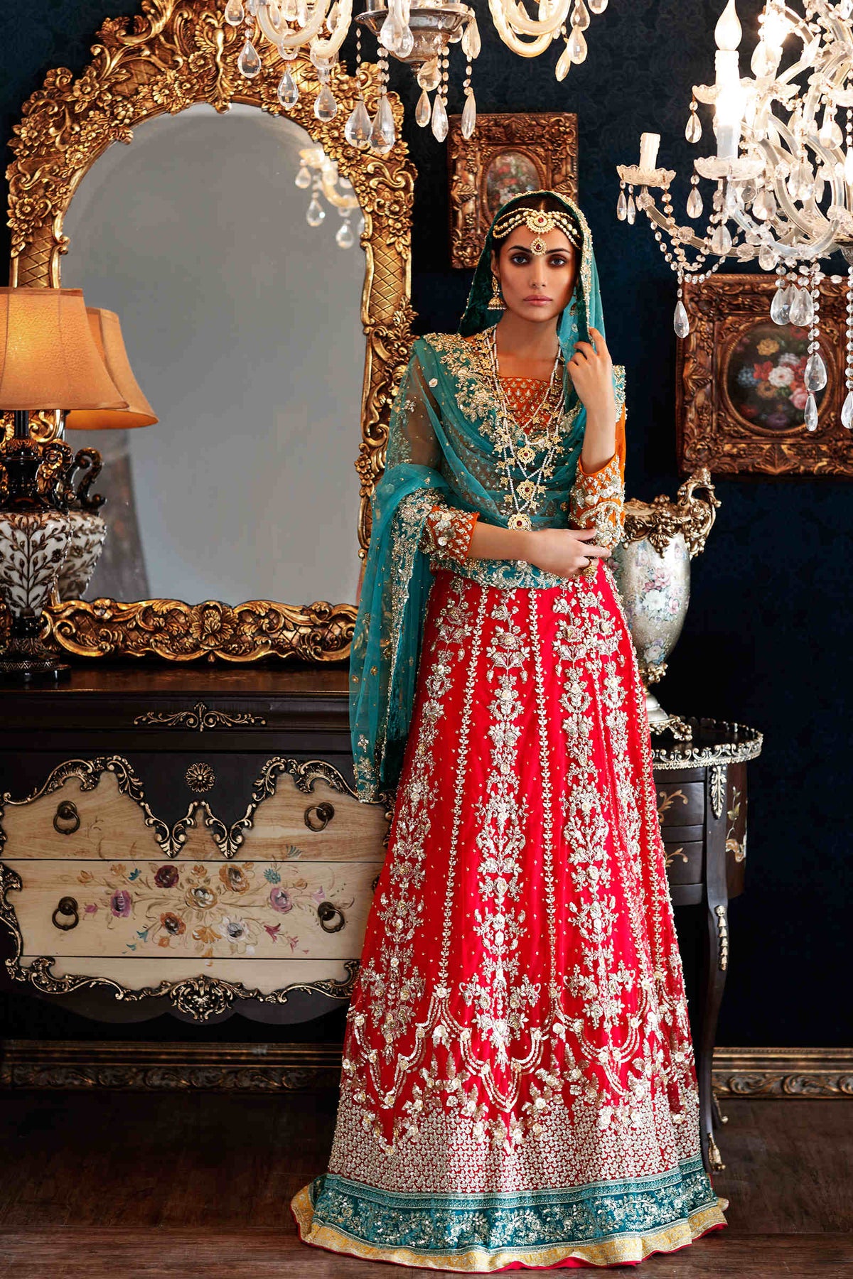 Pakistani Red, Orange & Teal Embroidered Bridal Lehenga (3-Piece) - Image 1