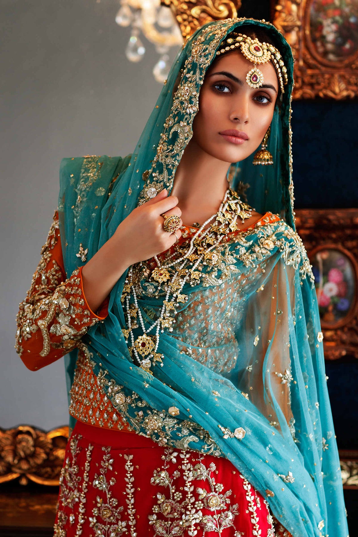 Pakistani Red, Orange & Teal Embroidered Bridal Lehenga (3-Piece) - Image 2