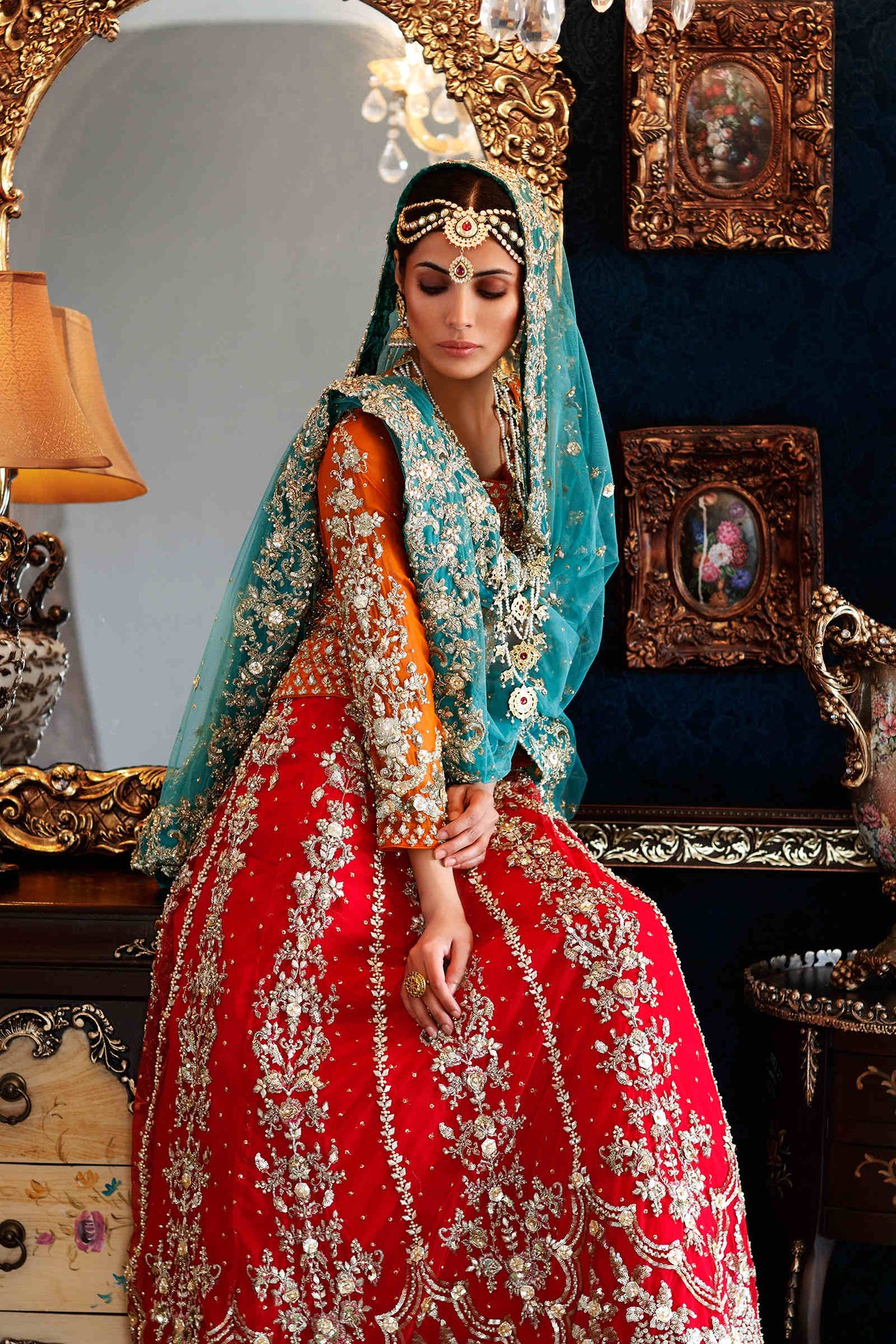 Pakistani Red, Orange & Teal Embroidered Bridal Lehenga (3-Piece) - Image 3