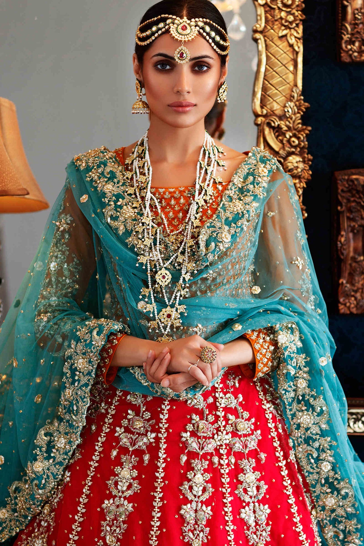 Pakistani Red, Orange & Teal Embroidered Bridal Lehenga (3-Piece) - Image 4