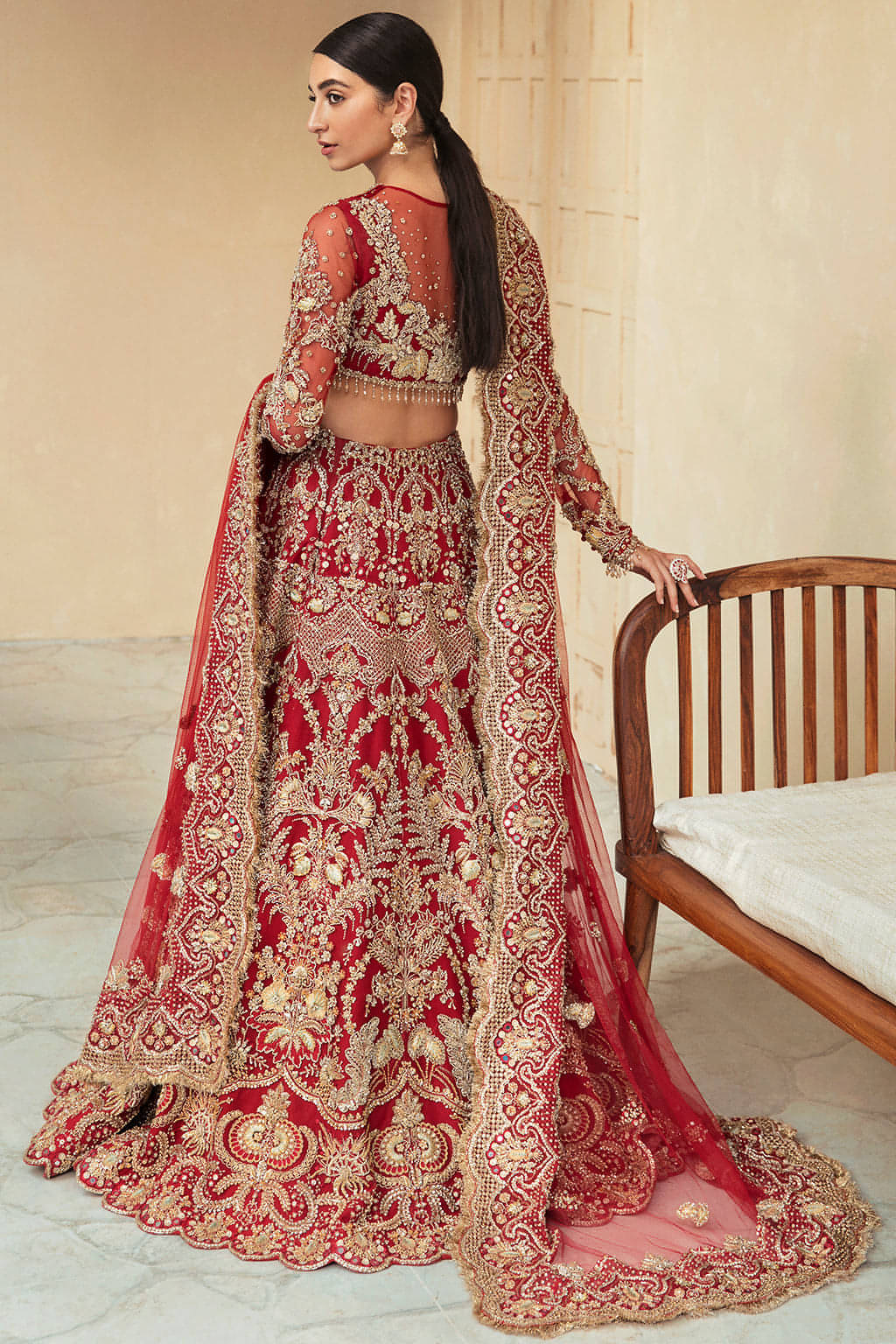 Pakistani Deep Red Embellished Net Lehenga Choli (3-Piece) - Image 2