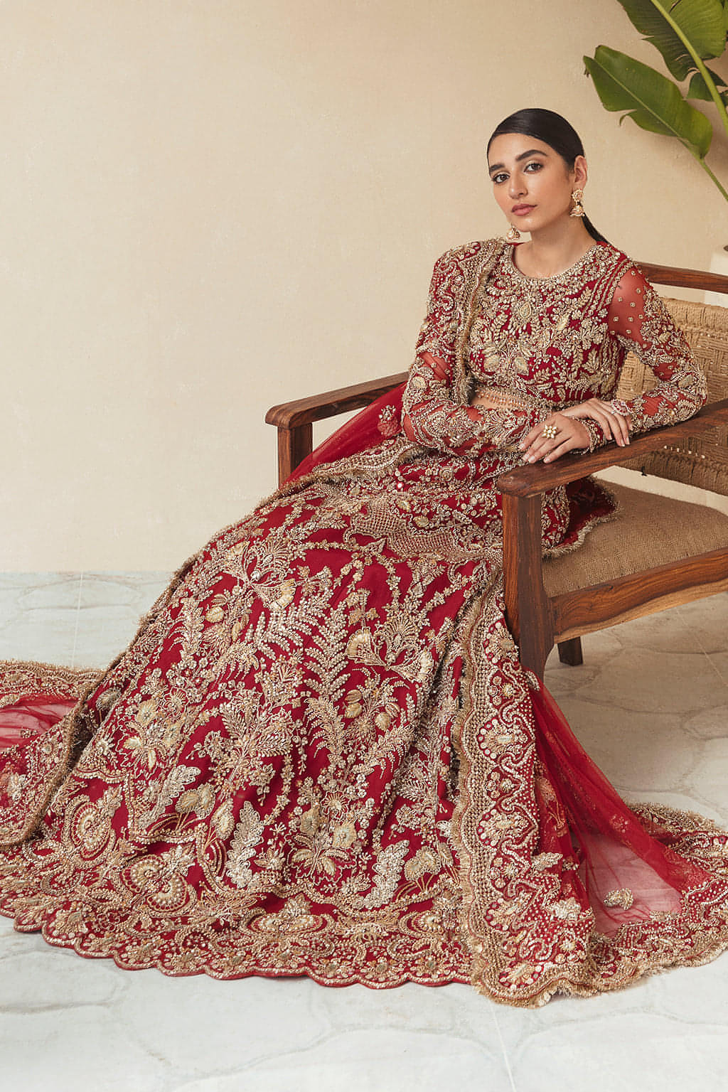 Pakistani Deep Red Embellished Net Lehenga Choli (3-Piece) - Image 4