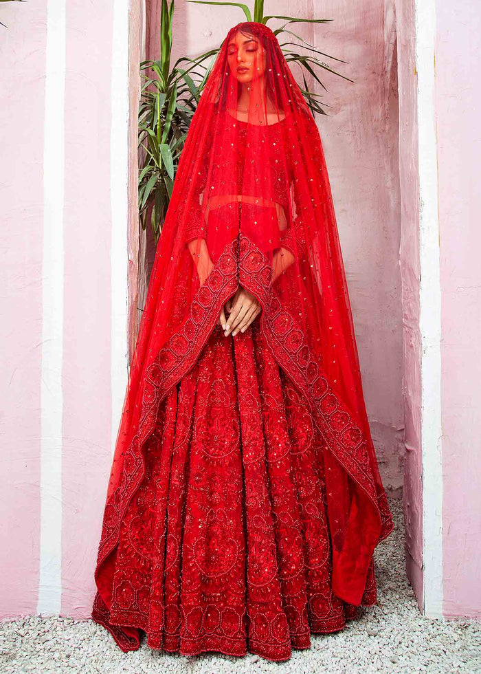 Pakistani Red Hand-Embellished Net Lehenga Set (3-Piece) - Image 4