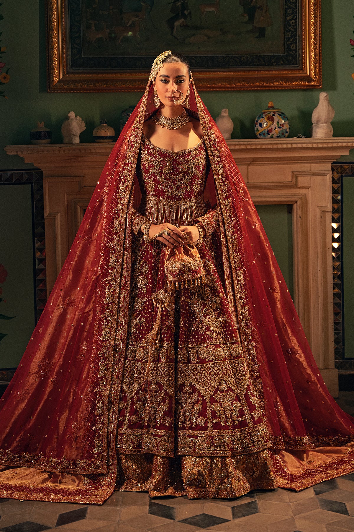 Pakistani Radiant Red Zardozi Net & Silk Bridal Pishwas Lehenga (3-Piece) - Image 1