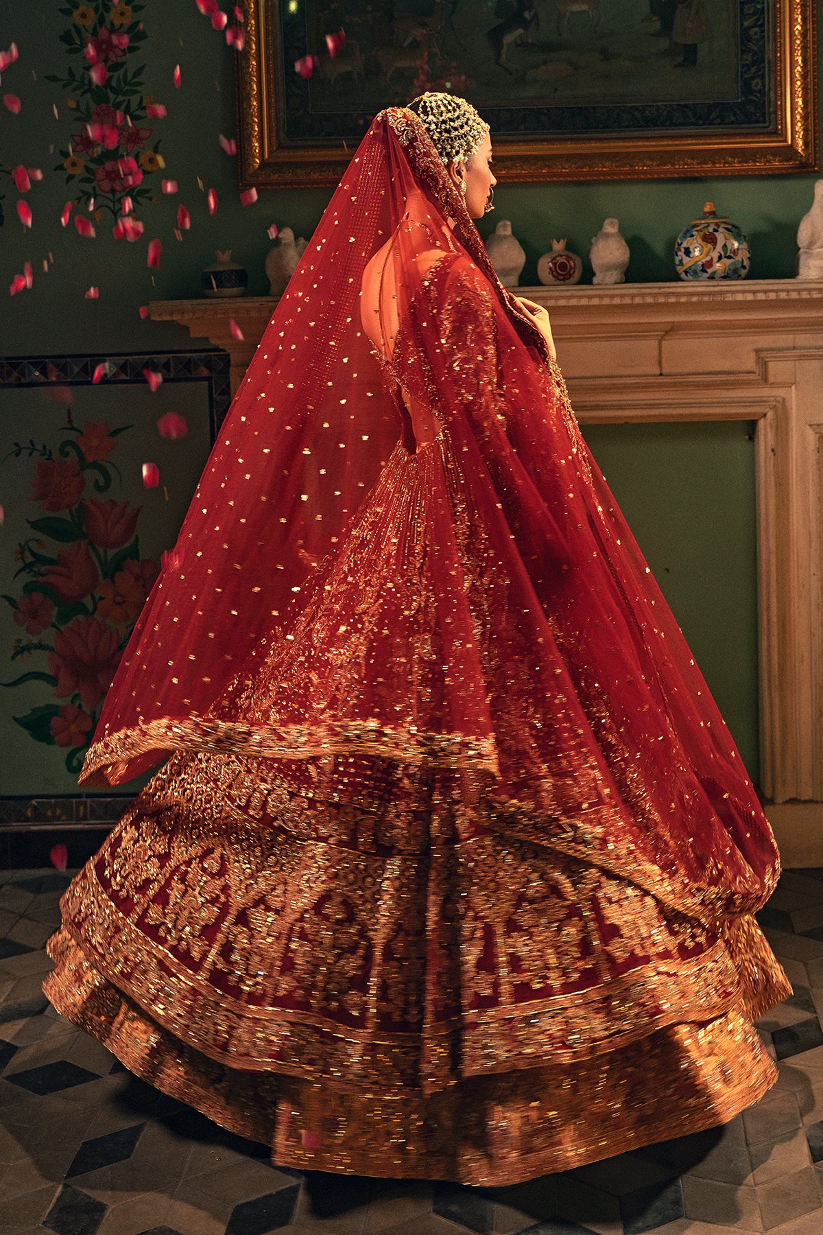 Pakistani Radiant Red Zardozi Net & Silk Bridal Pishwas Lehenga (3-Piece) - Image 2