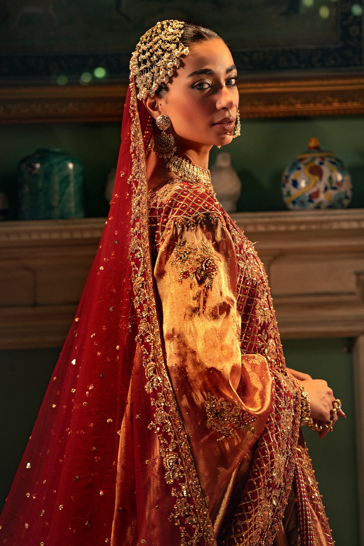 Pakistani Radiant Red Zardozi Net & Silk Bridal Pishwas Lehenga (3-Piece) - Image 3