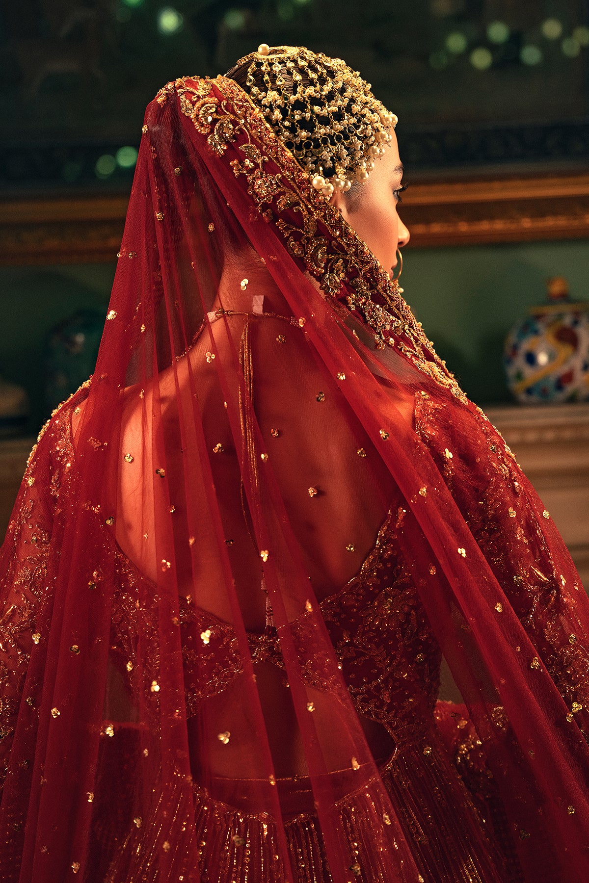 Pakistani Radiant Red Zardozi Net & Silk Bridal Pishwas Lehenga (3-Piece) - Image 4