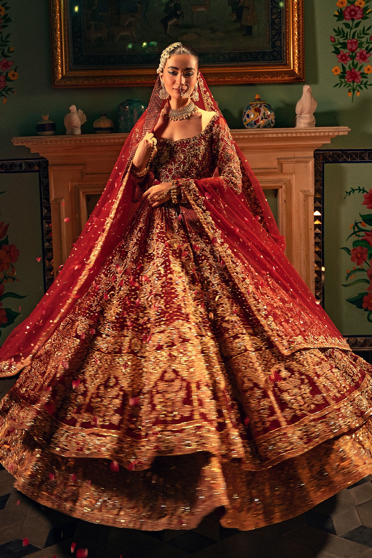 Pakistani Radiant Red Zardozi Net & Silk Bridal Pishwas Lehenga (3-Piece) - Image 5