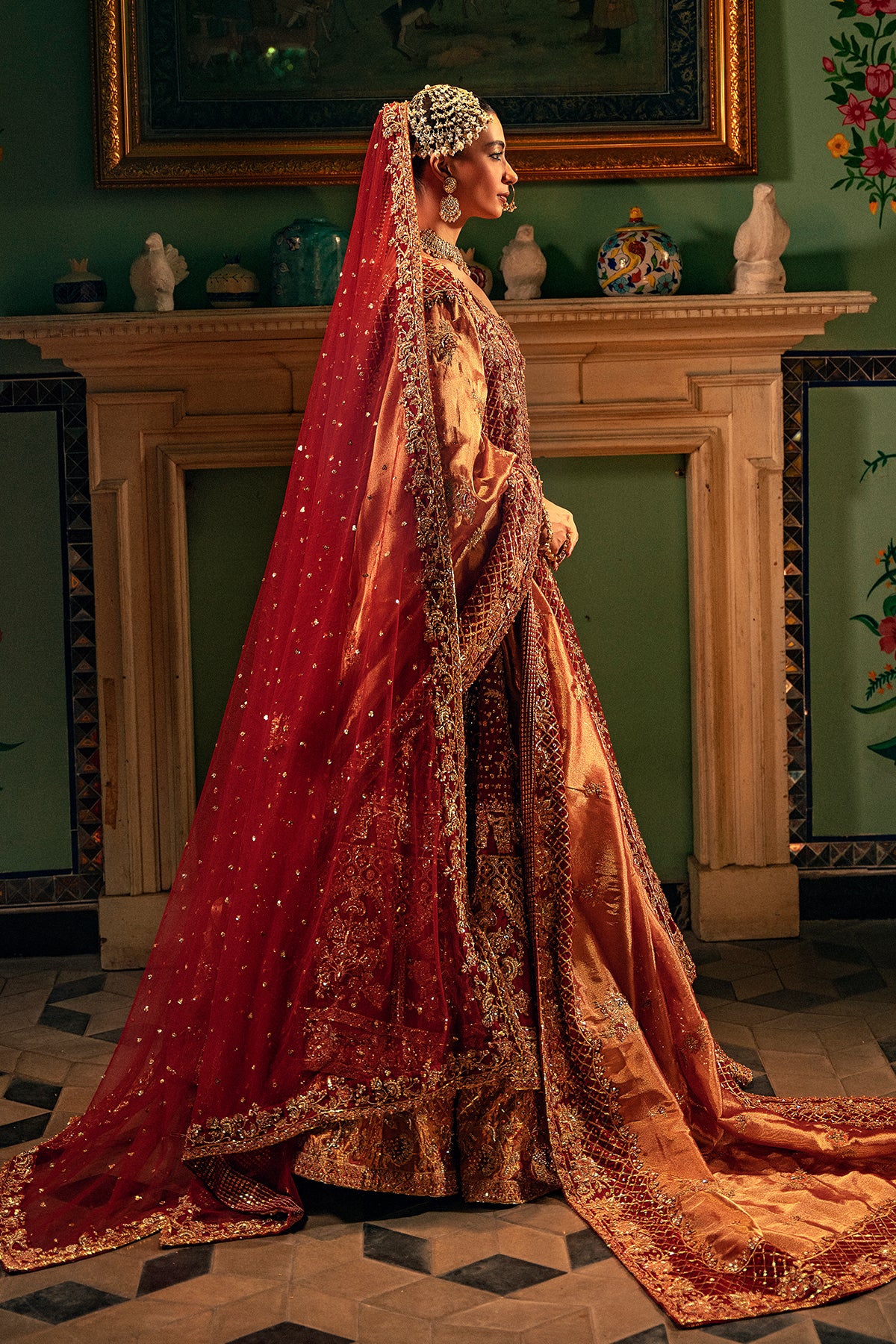 Pakistani Radiant Red Zardozi Net & Silk Bridal Pishwas Lehenga (3-Piece) - Image 6