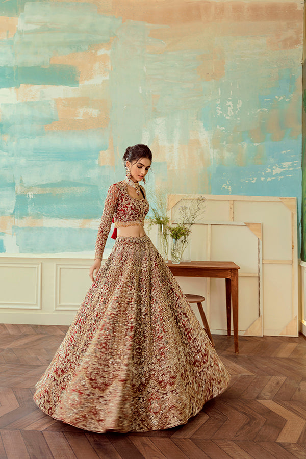 Deep Red Embellished Net Bridal Lehenga Choli (3-Piece) - Image 3