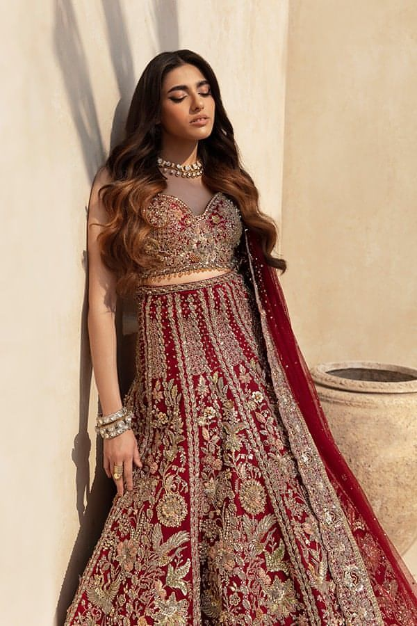 Red Marori Naqshi Net Bridal Lehenga (3-Piece) - Image 1