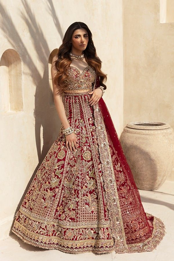 Red Marori Naqshi Net Bridal Lehenga (3-Piece) - Image 2