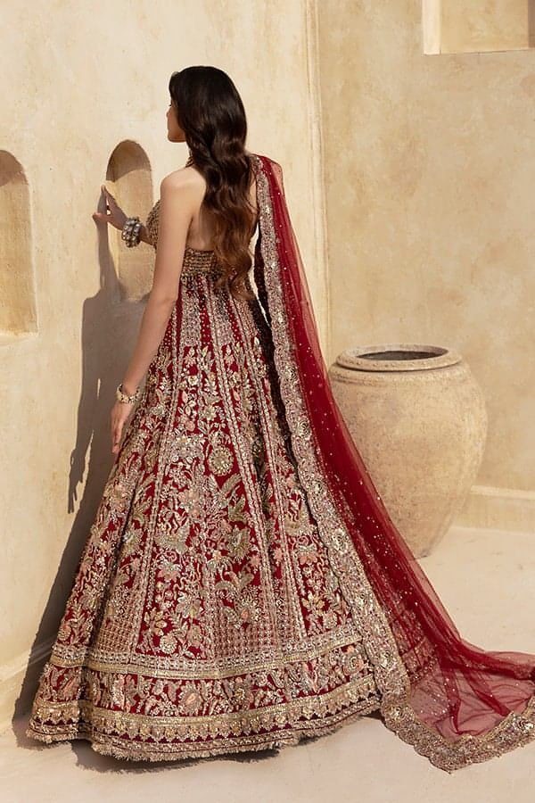 Red Marori Naqshi Net Bridal Lehenga (3-Piece) - Image 5