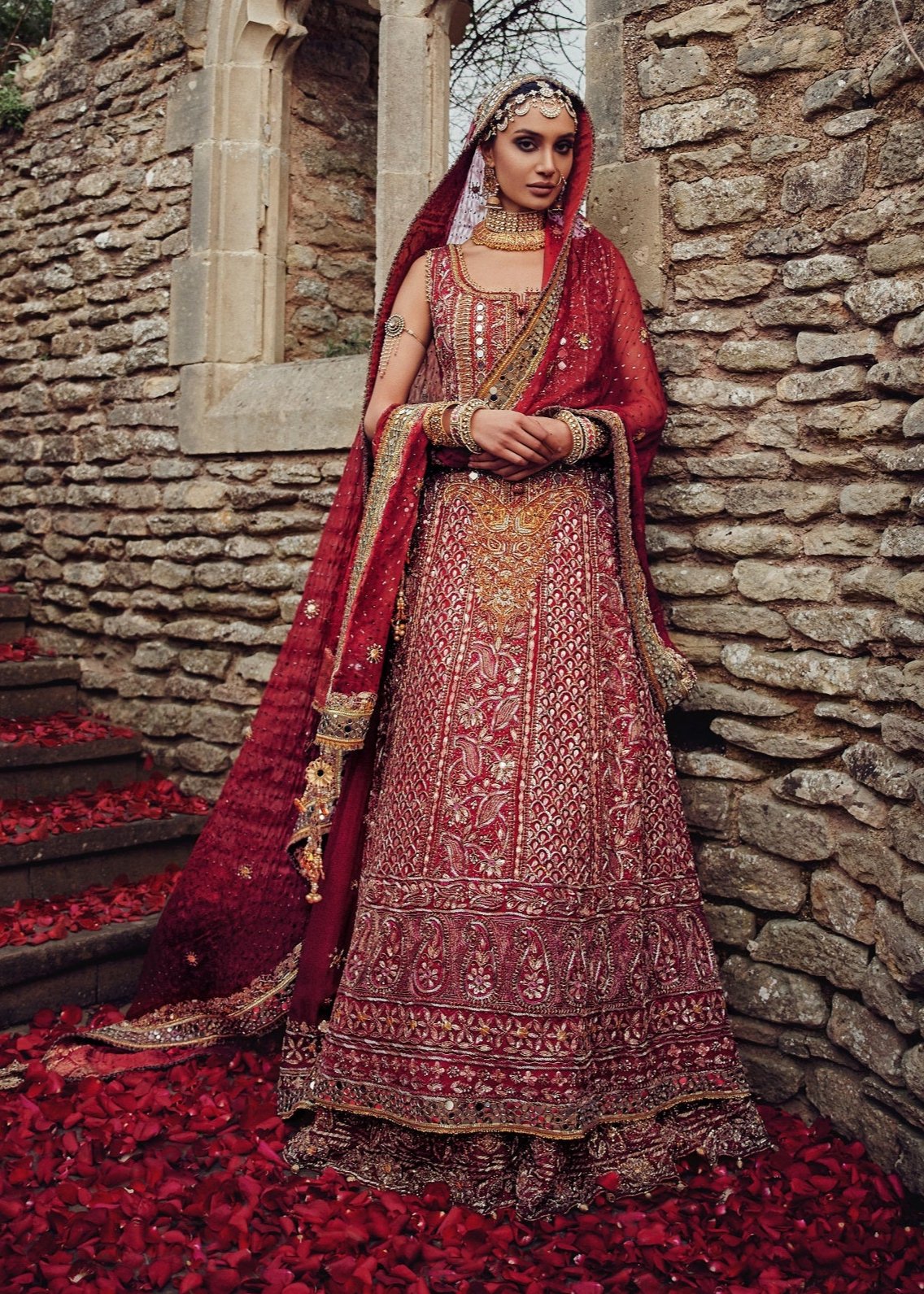 Pakistani Deep Red Mukaish Net Peshwas Bridal Lehenga (3-Piece) - Image 2