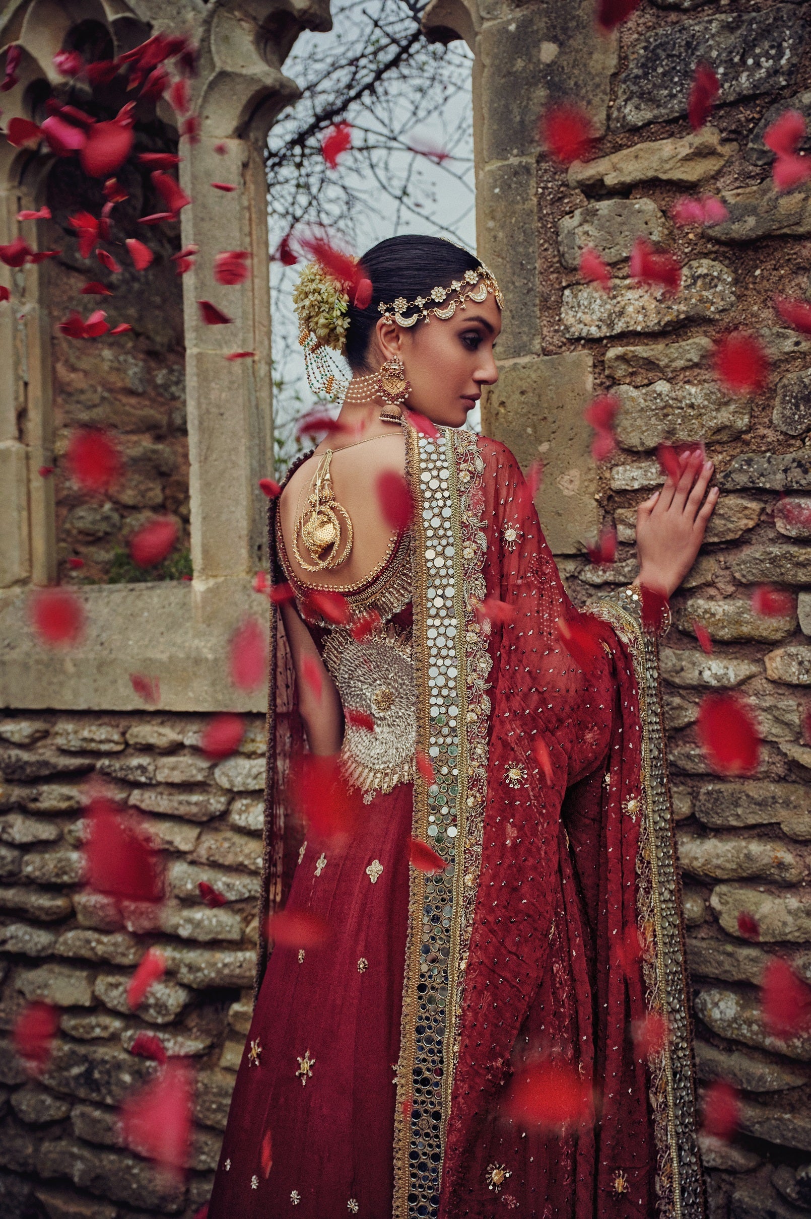 Pakistani Deep Red Mukaish Net Peshwas Bridal Lehenga (3-Piece) - Image 3
