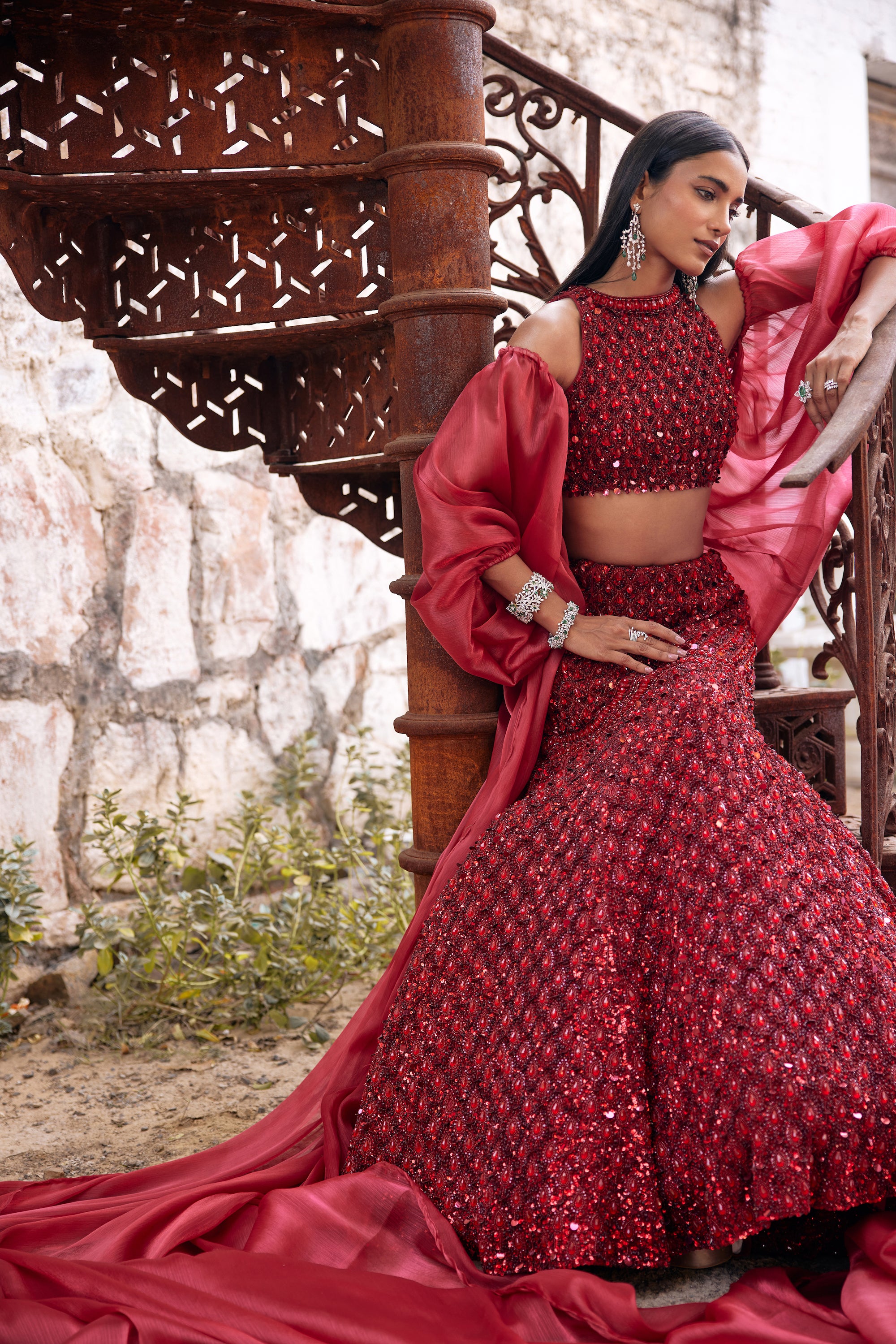 Pakistani Crimson Hand-Embroidered Net & Organza Mermaid Lehenga (3-Piece) - Image 1
