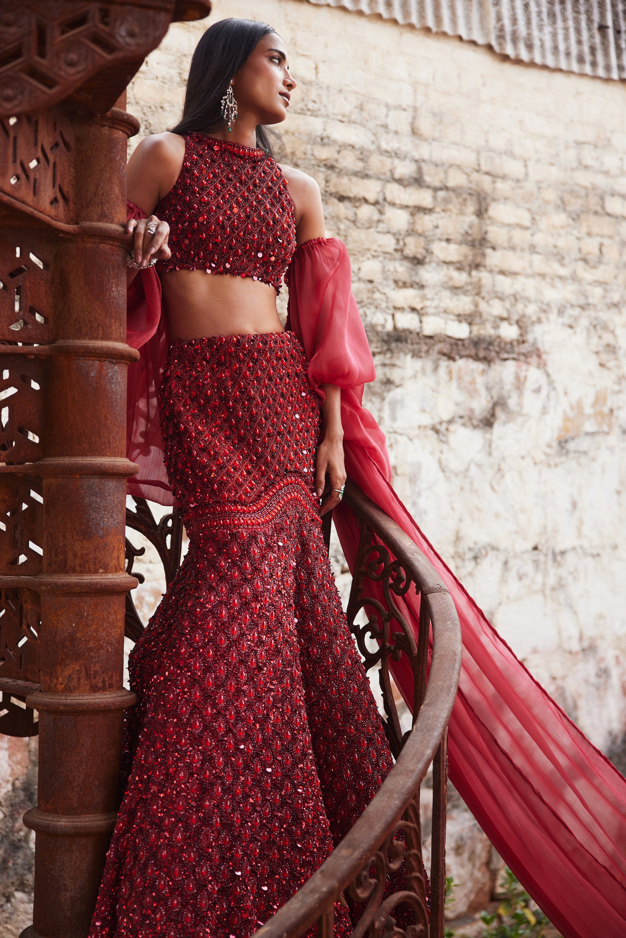 Pakistani Crimson Hand-Embroidered Net & Organza Mermaid Lehenga (3-Piece) - Image 3