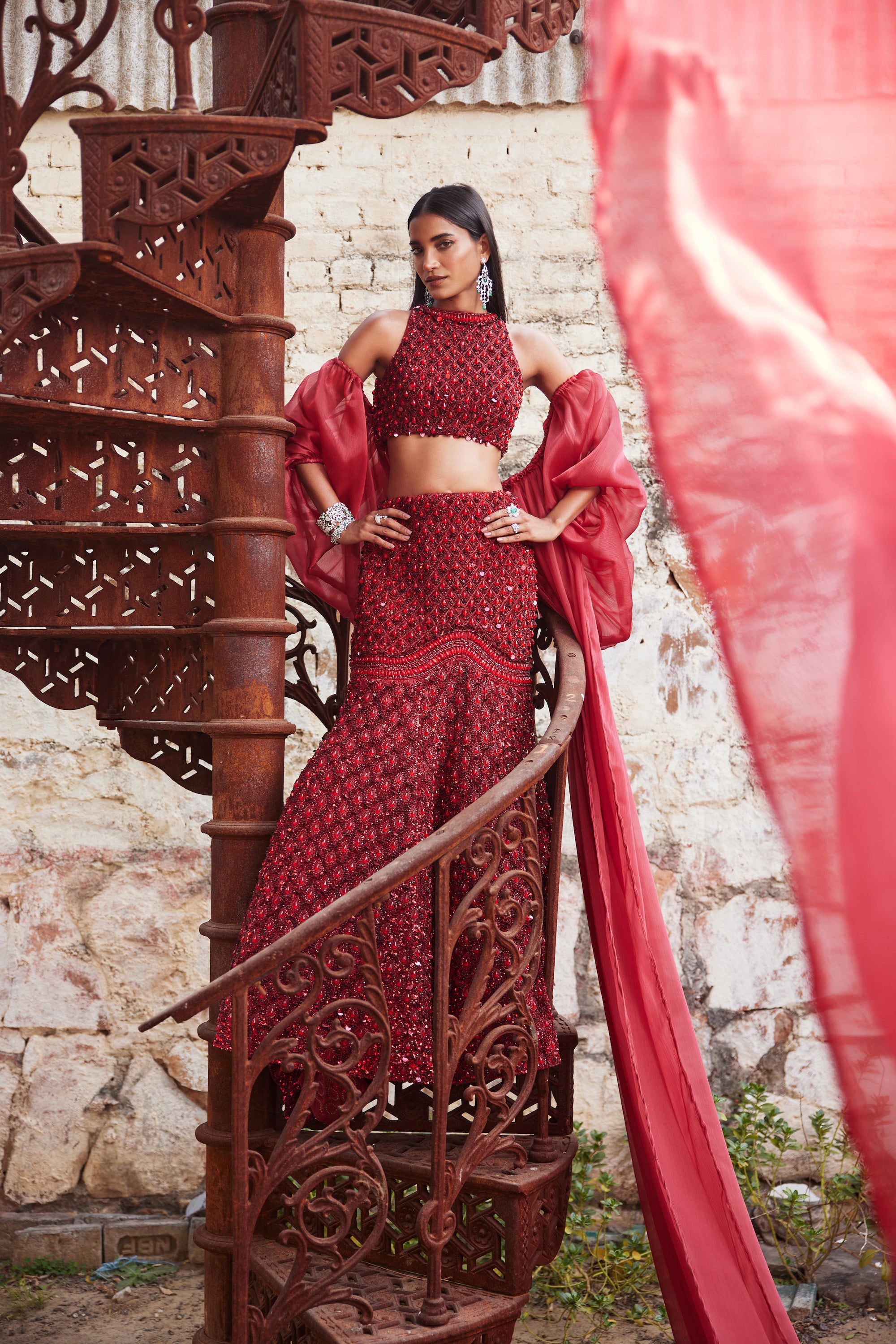 Pakistani Crimson Hand-Embroidered Net & Organza Mermaid Lehenga (3-Piece) - Image 4