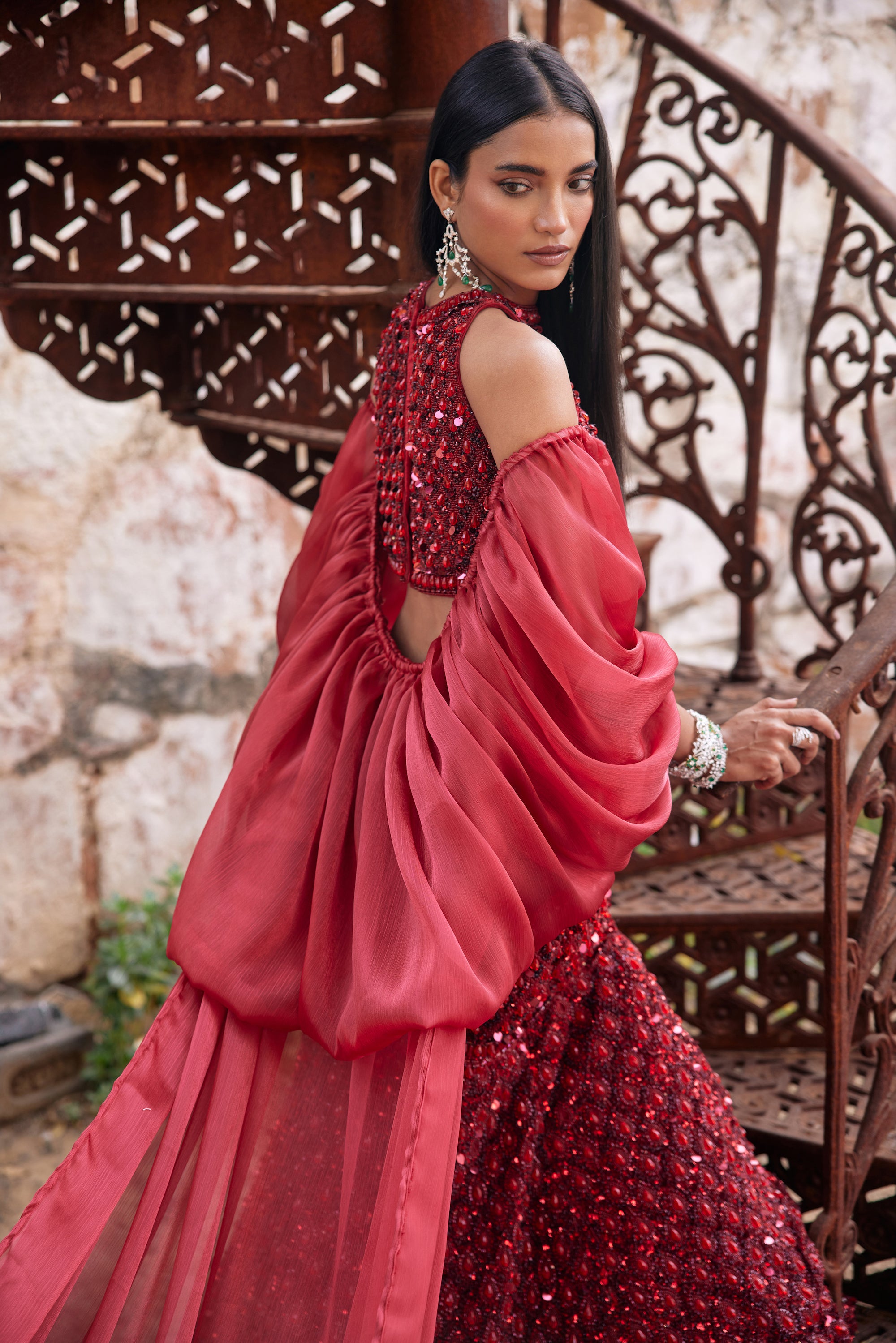 Pakistani Crimson Hand-Embroidered Net & Organza Mermaid Lehenga (3-Piece) - Image 5