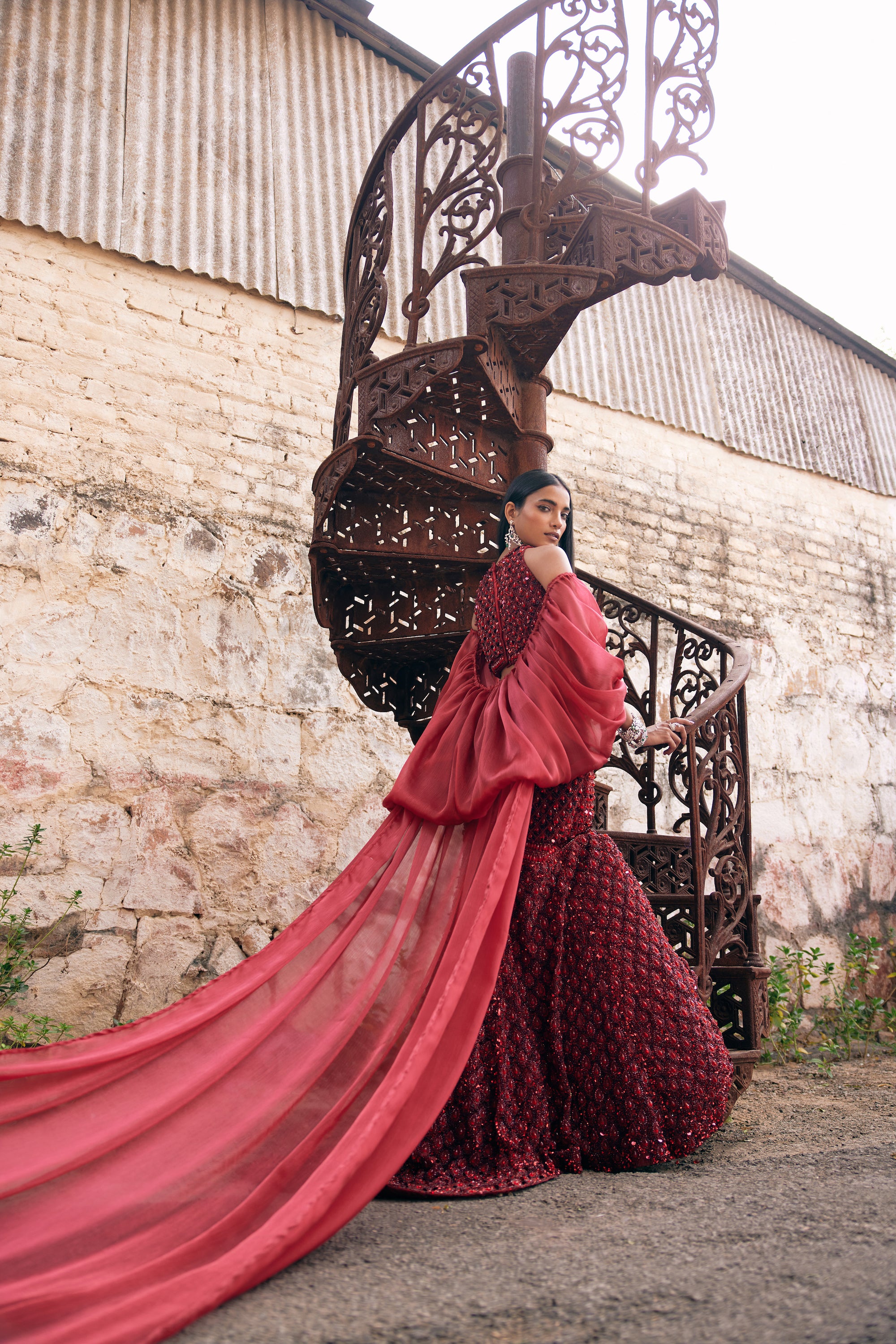 Pakistani Crimson Hand-Embroidered Net & Organza Mermaid Lehenga (3-Piece) - Image 6
