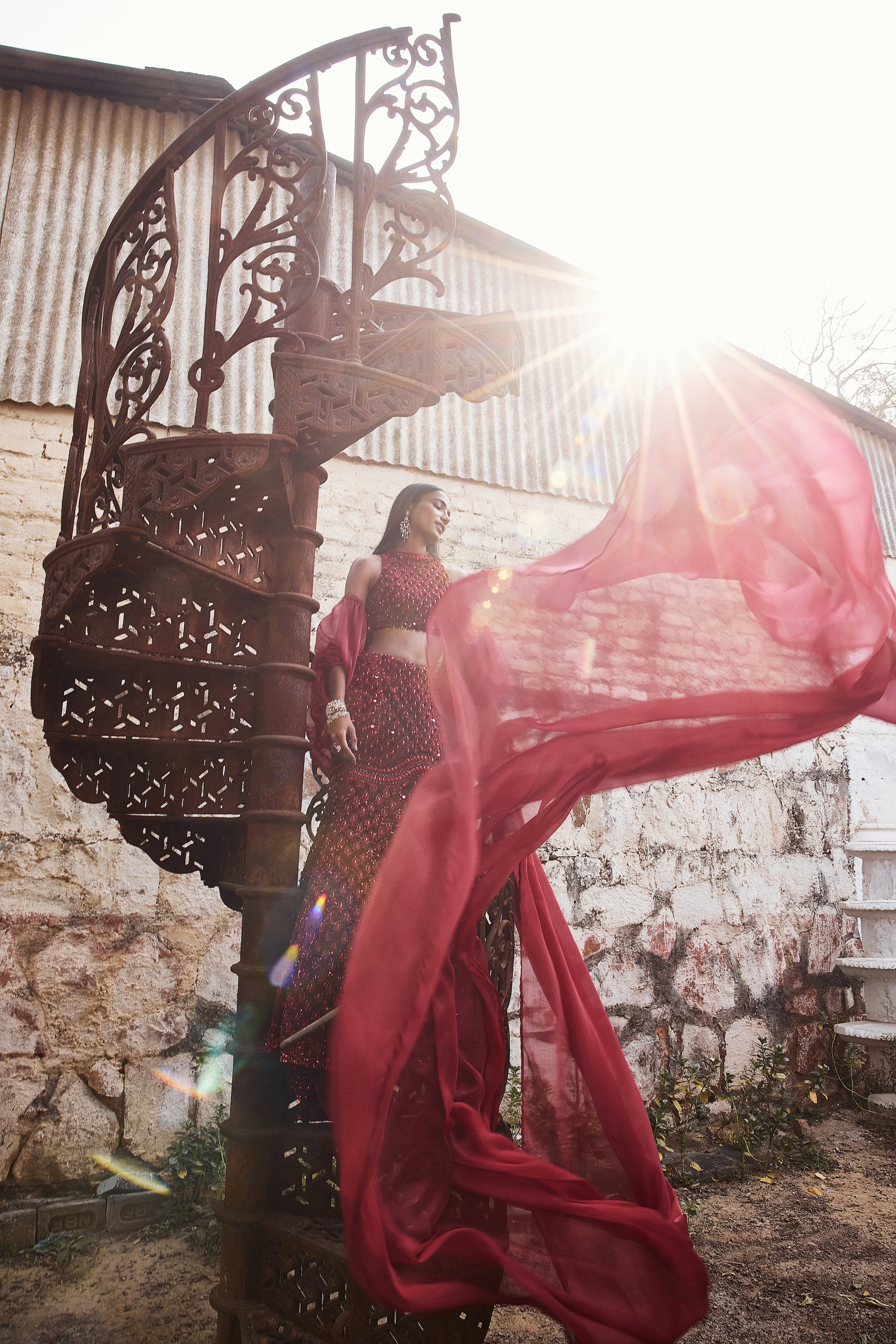 Pakistani Crimson Hand-Embroidered Net & Organza Mermaid Lehenga (3-Piece) - Image 7