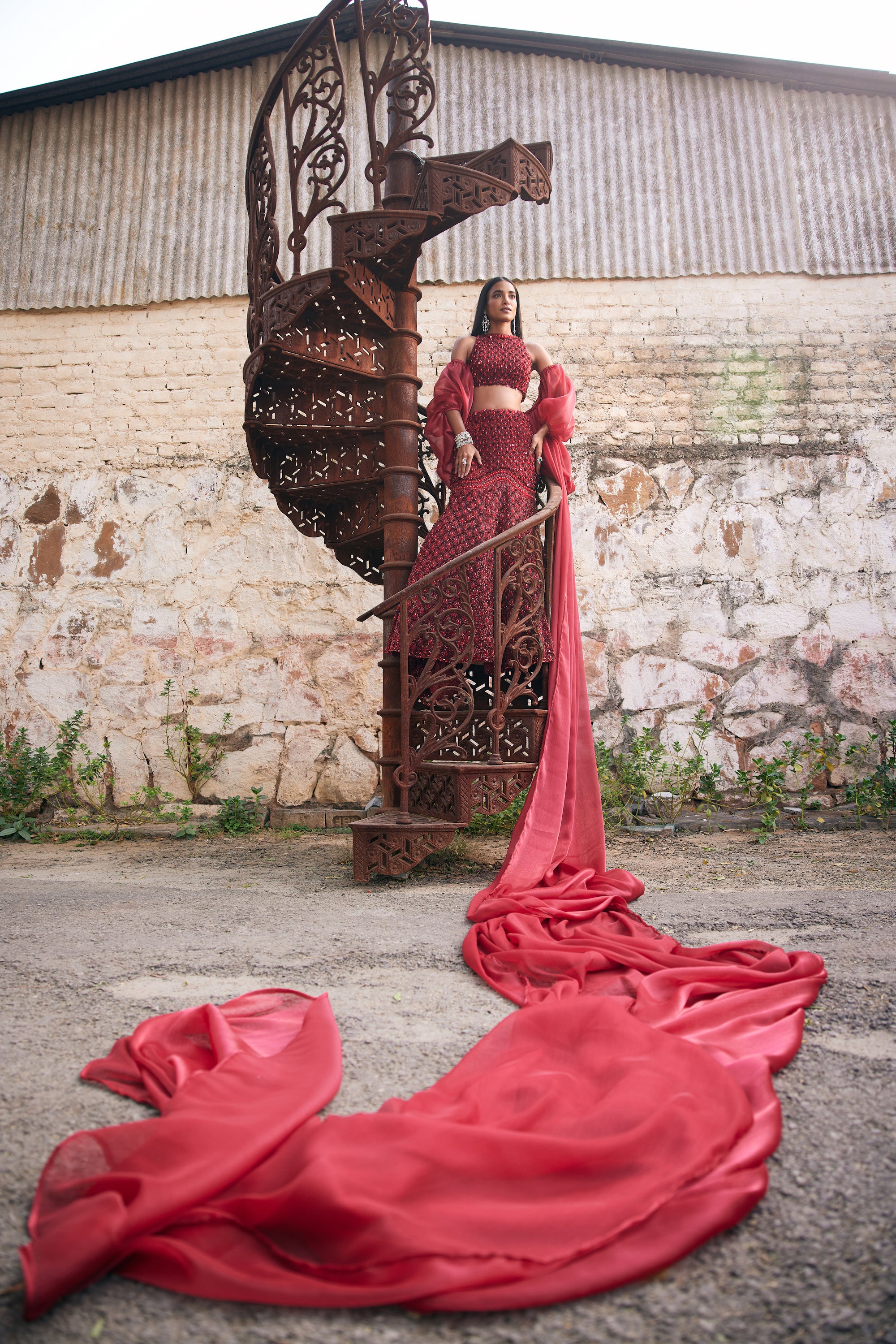 Pakistani Crimson Hand-Embroidered Net & Organza Mermaid Lehenga (3-Piece) - Image 8