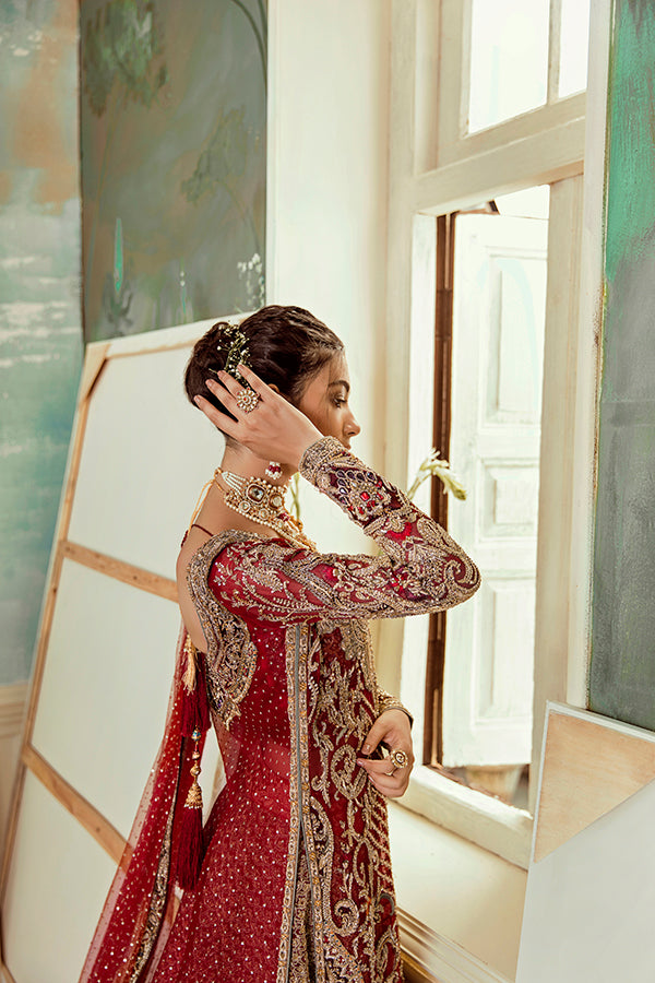 Red Embellished Net Organza Bridal Lehenga (3-Piece) - Image 3