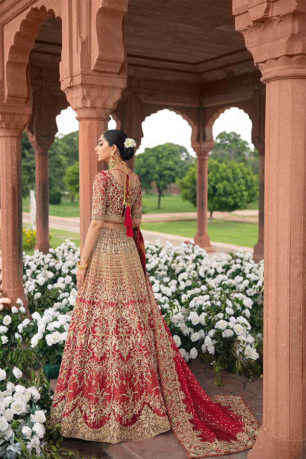 Pakistani Red Embellished Net Organza Bridal Lehenga (3-Piece) - Image 3