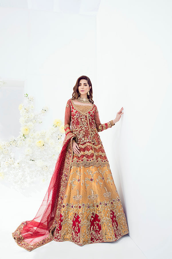 Red Embellished Net Organza Angrakha Lehenga (3-Piece) - Image 2