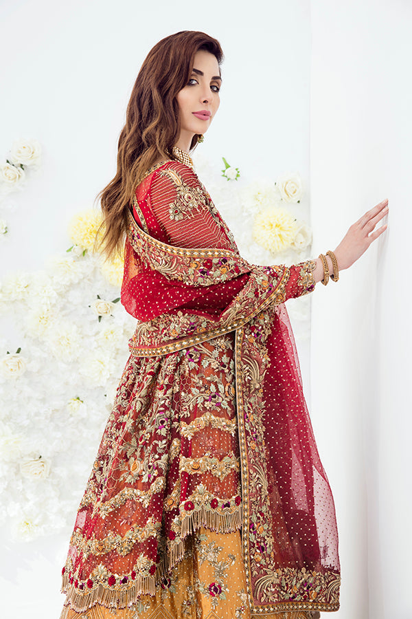 Red Embellished Net Organza Angrakha Lehenga (3-Piece) - Image 3