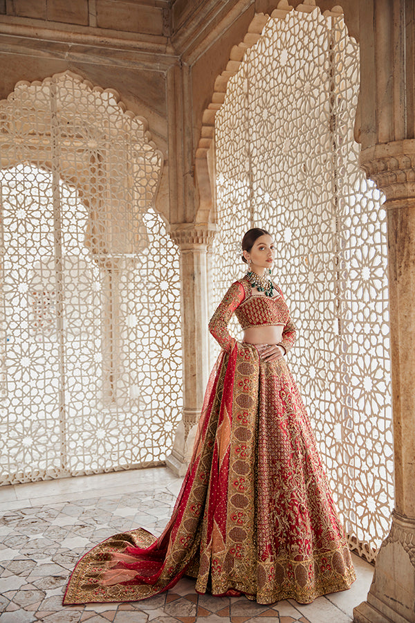 Pakistani Red Embellished Net & Organza Bridal Lehenga (3-Piece) - Image 1