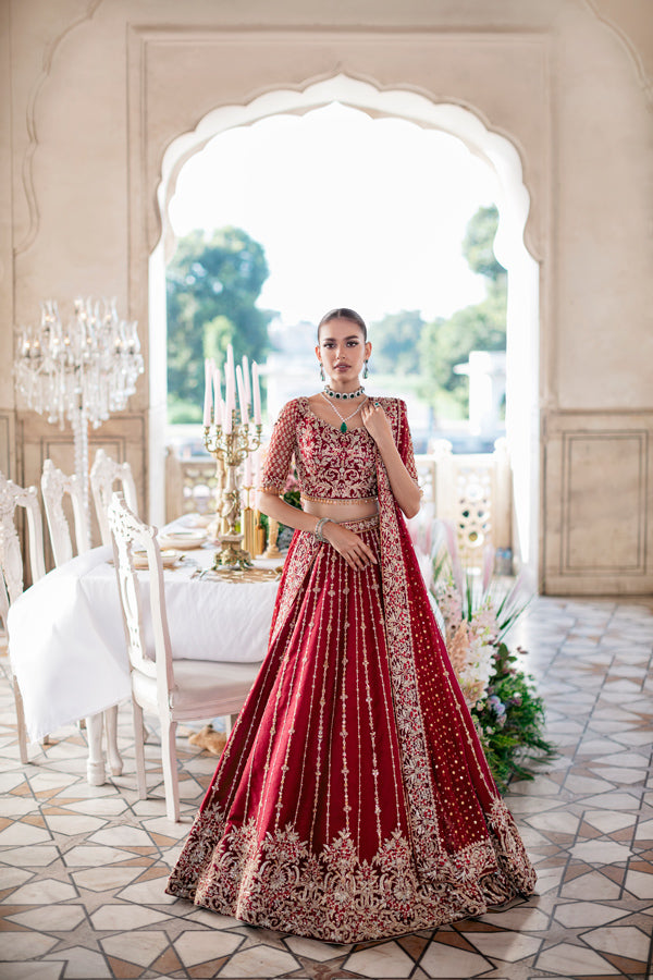 Pakistani Deep Red Embroidered Net Organza Lehenga (3-Piece) - Image 2