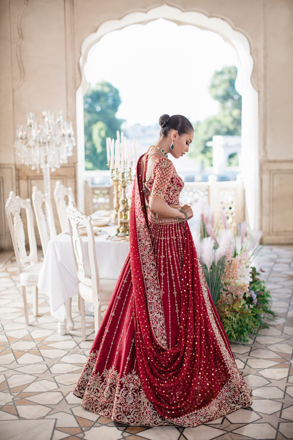 Pakistani Deep Red Embroidered Net Organza Lehenga (3-Piece) - Image 3